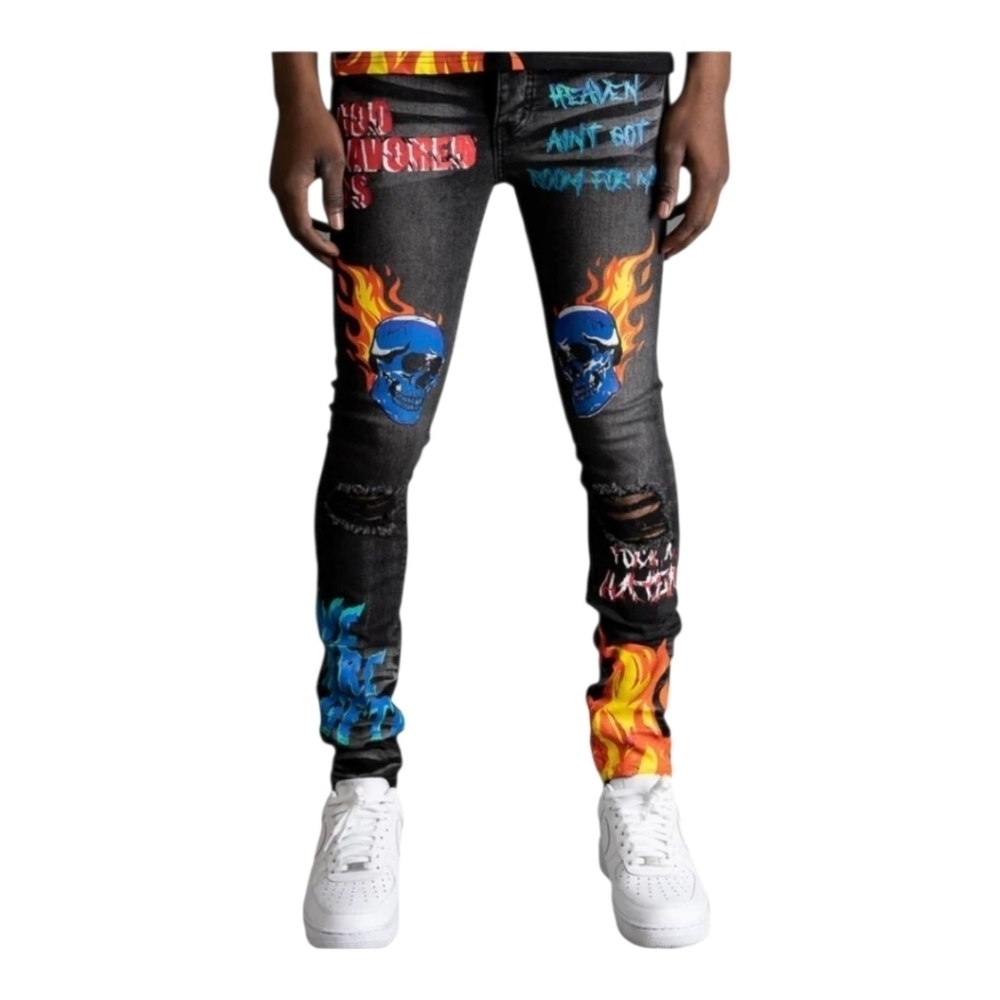 GFTD Mens Black Colorful Graffiti Painted Distressed Landon Denim Jeans 36 - Picture 16 of 16